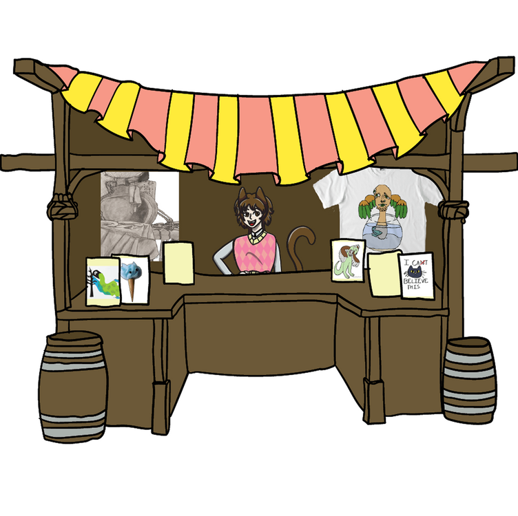 AnxiousOptimism's Artist Alley stall. This shop is run by AnxiousOptimism, and clicking the image will take you to the store. The store is mainly wooden with some wooden barrels around the stall front. In the stall are some t-shirts and artwork.