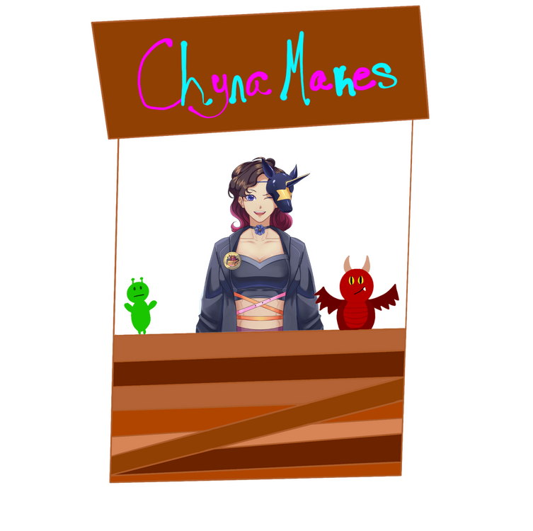 ChynaMakes Artist Alley stall. This shop is run by Chyna, and clicking the image will take you to the store. They are standing behind a simple wooden stall, with plushies on the counter.