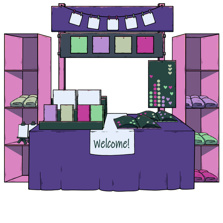 Felineeshop Artist Alley stall. This shop is run by Freakyfeline, and clicking the image will take you to the store. The stall covered in stickers and is mainly purple and pink.