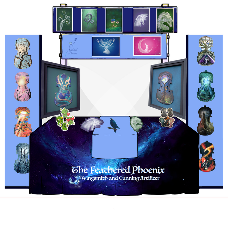 Feathered Phoenix's Artist Alley stall. This shop is run by Feathered, and clicking the image will take you to the store. They have lots of art and painted violins on display.