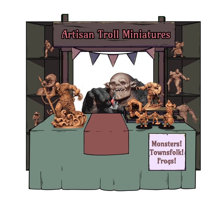 Artisan Troll Miniatures Artist Alley stall. This shop is run by Artisan Troll, and clicking the image will take you to the store. The store is shades of greens and browns and is covered in figurines all ready to be painted. A troll is sitting behind the b