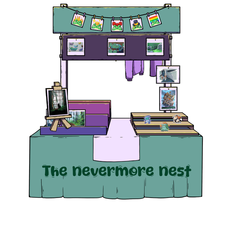 The Nevermore Nest Artist Alley stall. This shop is run by Vid, and clicking the image will take you to the store. They have amazing pixel art frogs on display.