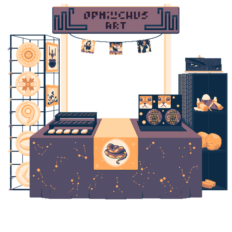 Ophi's Kofi's Artist Alley stall. This shop is run by Ophiuchus, and clicking the image will take you to the store. The stall is celestial themed and drawn using pixel art - with even more pixel art on display.