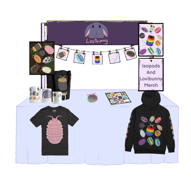 Lovibunny's Artist Alley stall. This shop is run by Lovibunny, and clicking the image will take you to the store. The store is shades of purple, but with lots of isopod and bunny merch on and around it. The isopods are rainbow coloured.