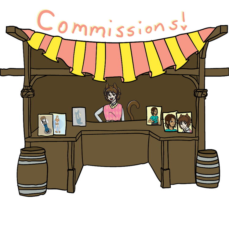 AnxiousOptimism's Artist Alley stall. This shop is run by AnxiousOptimism, and clicking the image will take you to the store. The store is mainly wooden with some wooden barrels around the stall front. In the stall are some t-shirts and artwork.