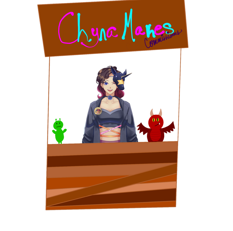 ChynaMakes Artist Alley stall. This shop is run by Chyna, and clicking the image will take you to the coms page. They are standing behind a simple wooden stall, with plushies on the counter.