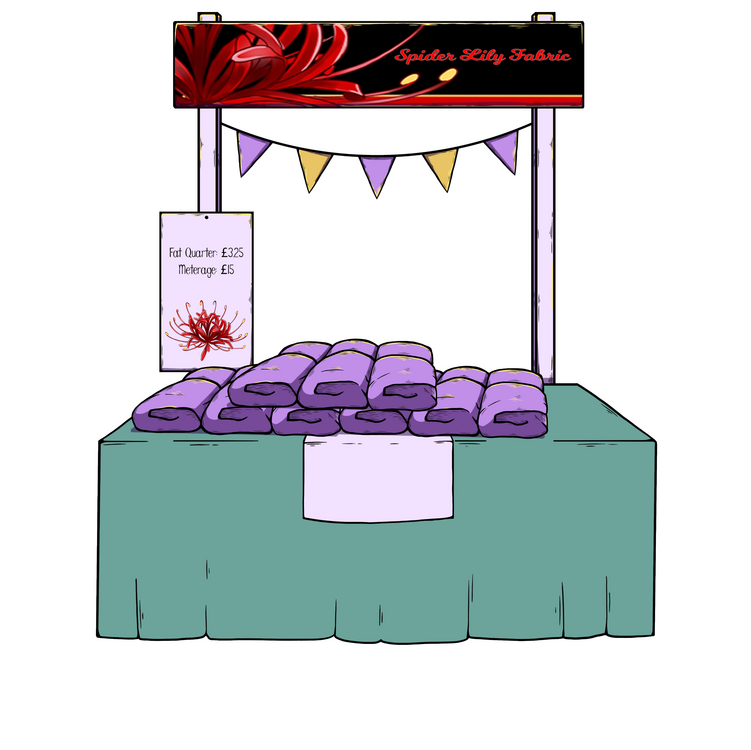 Spider Lily Fabric's Artist Alley stall. This shop is run by Claire Cthulhu, and clicking the image will take you to the store. The stall is covered in purple fabric and spider lily details.