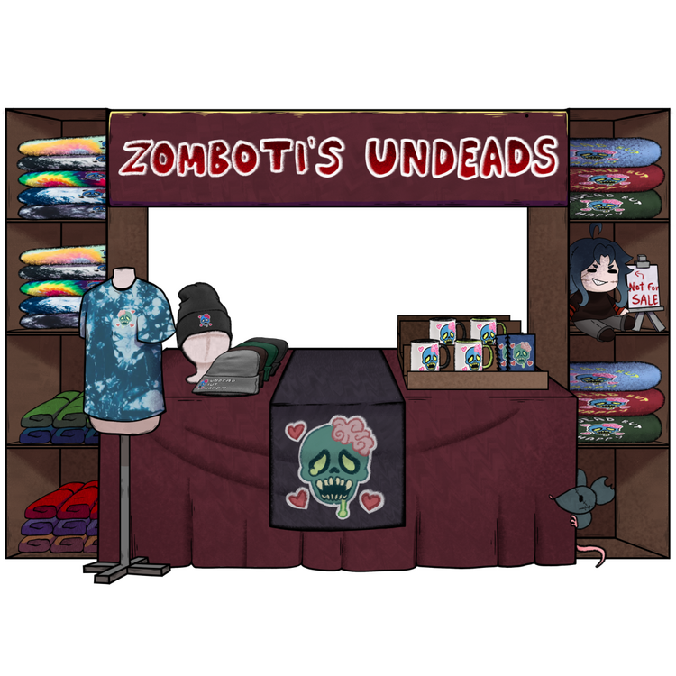 Zomboti's Undeads Artist Alley stall. This shop is run by Zomboti, and clicking the image will take you to the store. The stall is covered in t-shirts, mugs and beanies, and the colour scheme is dark reds and greys. There is also a sneaky rat next to the s