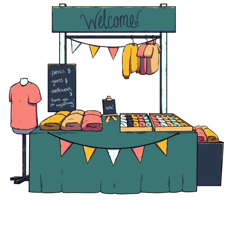 MistressDarna's Artist Alley stall. This shop is run by MistressDarna, and clicking the image will take you to the store. The stall is teal and fall shades, and has fabrics and clothing on and around it.