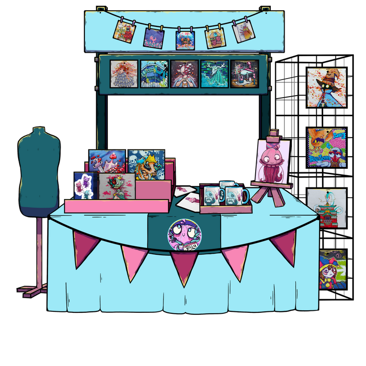 ACraftyJellyfish's Artist Alley stall. This shop is run by Jelly, and clicking the image will take you to the store. The stall is covered in embroideries with some jellyfish merch in-between.